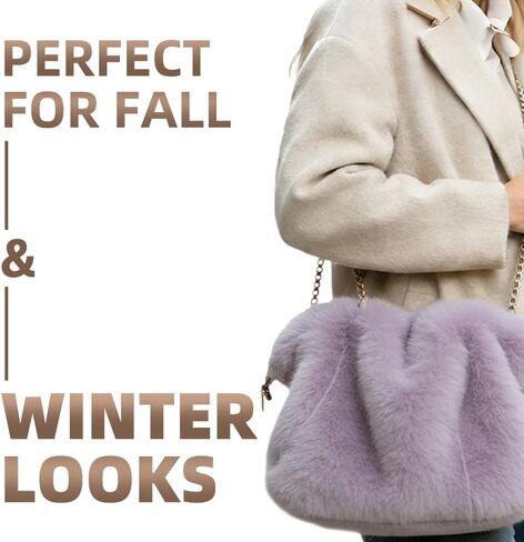 Women’s Faux Fur Handbag, Soft Fluffy Winter Purse with Braided Top Handle and Zipper Closure, Plush Shoulder in Kuwait