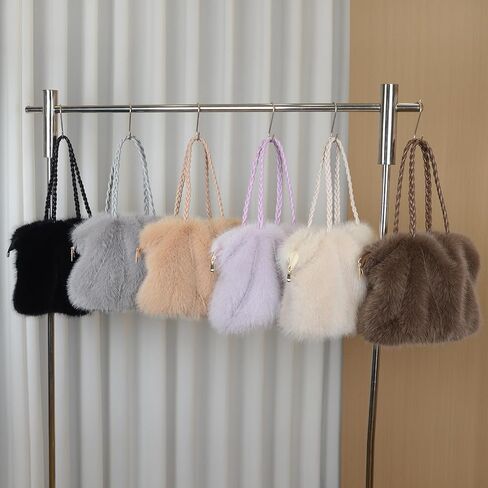 Women’s Faux Fur Handbag, Soft Fluffy Winter Purse with Braided Top Handle and Zipper Closure, Plush Shoulder in Kuwait