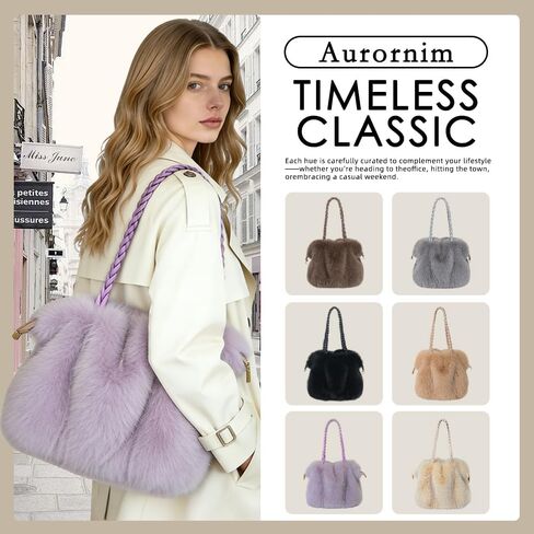 Women’s Faux Fur Handbag, Soft Fluffy Winter Purse with Braided Top Handle and Zipper Closure, Plush Shoulder in Kuwait