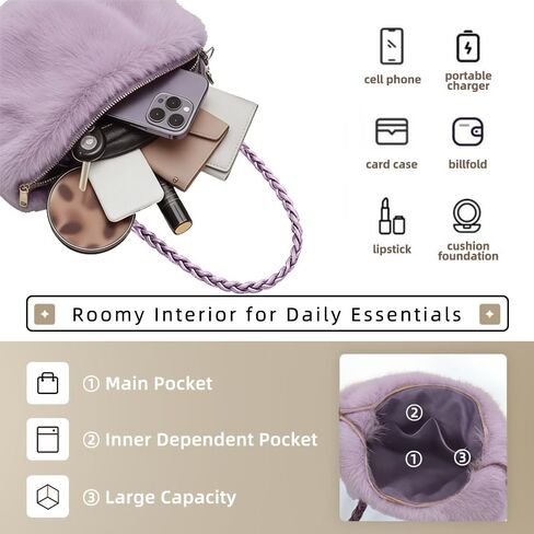 Women’s Faux Fur Handbag, Soft Fluffy Winter Purse with Braided Top Handle and Zipper Closure, Plush Shoulder in Kuwait