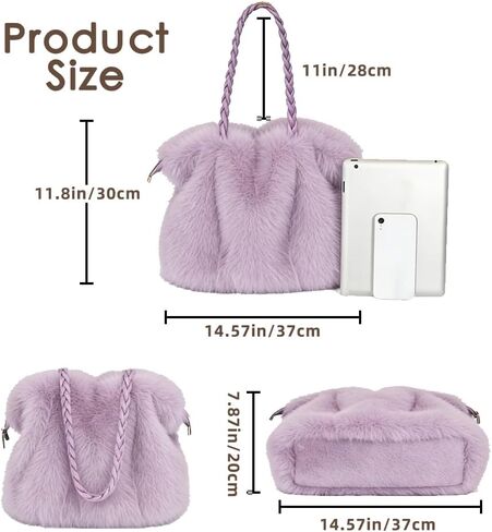 Women’s Faux Fur Handbag, Soft Fluffy Winter Purse with Braided Top Handle and Zipper Closure, Plush Shoulder in Kuwait