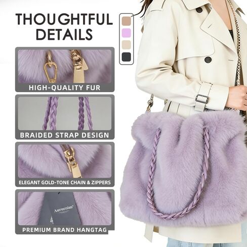 Women’s Faux Fur Handbag, Soft Fluffy Winter Purse with Braided Top Handle and Zipper Closure, Plush Shoulder in Kuwait