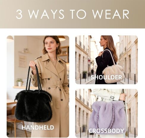 Women’s Faux Fur Handbag, Soft Fluffy Winter Purse with Braided Top Handle and Zipper Closure, Plush Shoulder in Kuwait
