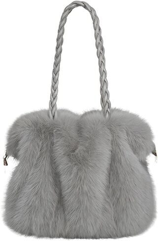 Women’s Faux Fur Handbag, Soft Fluffy Winter Purse with Braided Top Handle and Zipper Closure, Plush Shoulder in Kuwait