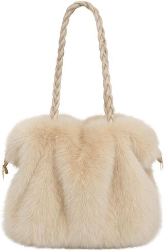 Women’s Faux Fur Handbag, Soft Fluffy Winter Purse with Braided Top Handle and Zipper Closure, Plush Shoulder in Kuwait