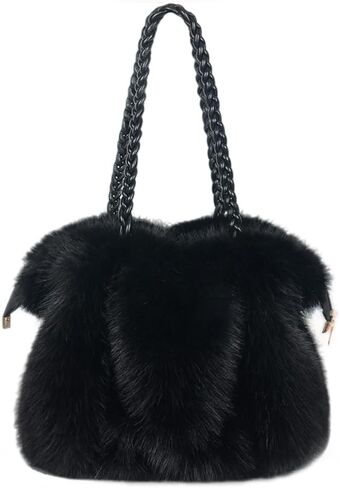Women’s Faux Fur Handbag, Soft Fluffy Winter Purse with Braided Top Handle and Zipper Closure, Plush Shoulder in Kuwait