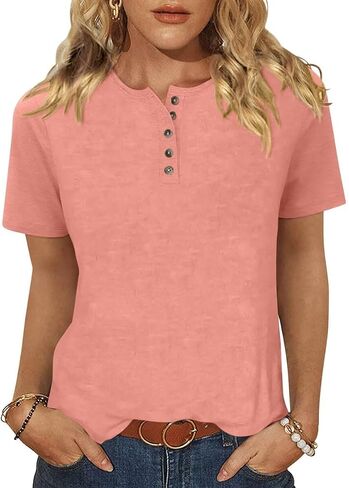TICTICMIMI Womens Crew Neck Short Sleeve Tops Summer Basic Button T-Shirts Loose Cute Tunic Tee Blouses Fit Pullover in Saudi Arabia