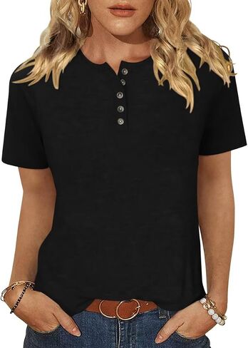 TICTICMIMI Womens Crew Neck Short Sleeve Tops Summer Basic Button T-Shirts Loose Cute Tunic Tee Blouses Fit Pullover in Saudi Arabia