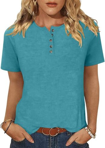 TICTICMIMI Womens Crew Neck Short Sleeve Tops Summer Basic Button T-Shirts Loose Cute Tunic Tee Blouses Fit Pullover in Saudi Arabia