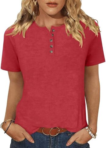TICTICMIMI Womens Crew Neck Short Sleeve Tops Summer Basic Button T-Shirts Loose Cute Tunic Tee Blouses Fit Pullover in Saudi Arabia