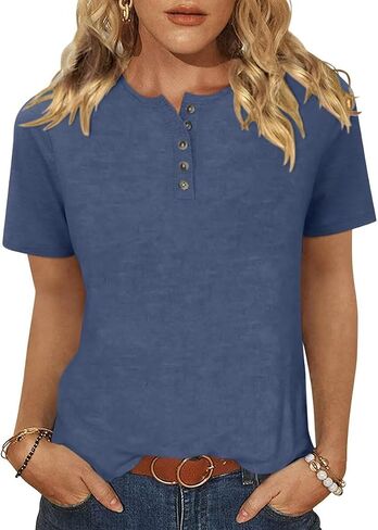 TICTICMIMI Womens Crew Neck Short Sleeve Tops Summer Basic Button T-Shirts Loose Cute Tunic Tee Blouses Fit Pullover in Saudi Arabia