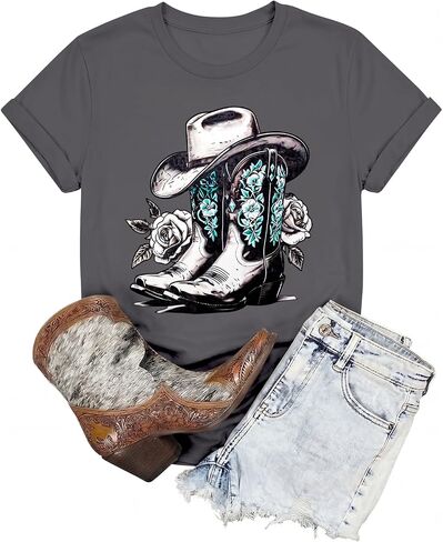 Western Shirts for Women Vintage Cowgirl T Shirt Cow Skull Rodeo Cowboy Boots Graphic Tees Country Music Short Sleeve Tops in Saudi Arabia