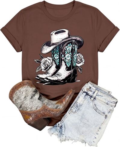 Western Shirts for Women Vintage Cowgirl T Shirt Cow Skull Rodeo Cowboy Boots Graphic Tees Country Music Short Sleeve Tops in Saudi Arabia