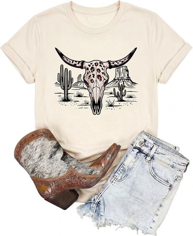 Western Shirts for Women Vintage Cowgirl T Shirt Cow Skull Rodeo Cowboy Boots Graphic Tees Country Music Short Sleeve Tops in Saudi Arabia
