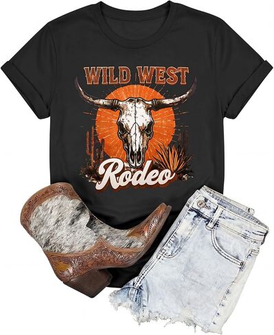 Western Shirts for Women Vintage Cowgirl T Shirt Cow Skull Rodeo Cowboy Boots Graphic Tees Country Music Short Sleeve Tops in Saudi Arabia