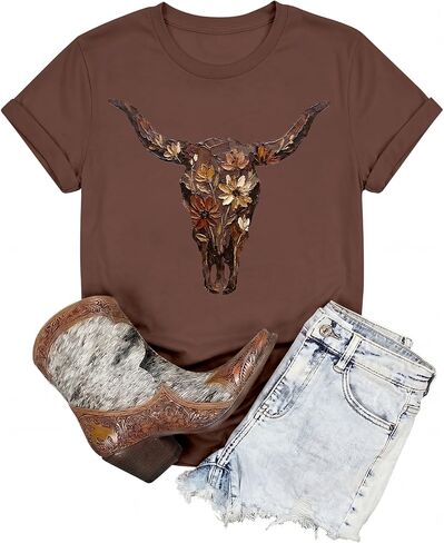 Western Shirts for Women Vintage Cowgirl T Shirt Cow Skull Rodeo Cowboy Boots Graphic Tees Country Music Short Sleeve Tops in Saudi Arabia
