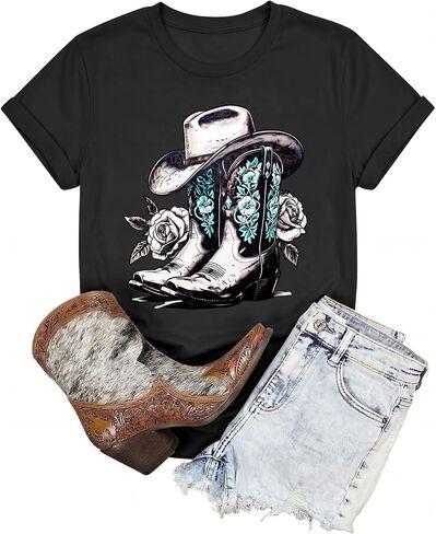Western Shirts for Women Vintage Cowgirl T Shirt Cow Skull Rodeo Cowboy Boots Graphic Tees Country Music Short Sleeve Tops in Saudi Arabia