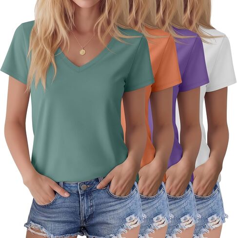 Locoowai 4 Pack Women's Plus Size T-Shirts V Neck Short Sleeve Summer Tops Solid Basic Flat Hem Loose Fit Fashion Tees in Saudi Arabia