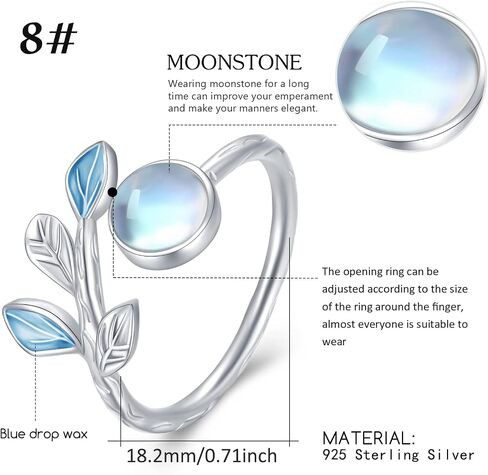 CUOKA MIRACLE Leaf Moonstone Ring S925 Sterling Silver Leaf Moonstone Rings For Women Open Adjustable Ring Moonstone's Jewelry For Women Mother's Day Jewelry in Kuwait
