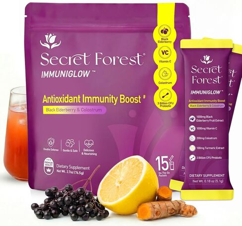 Secret Forest ImmuniGlow، 1000 ملغ فيتامين C، 1000 ملغ من نبات البلسان الأسود، البروبيوتيك، اللبأ، الكركم والزنك - تركيبة مضادة للأكسدة والتعافي، مزيج مشروبات دعم المناعة اليومية ودعم الأمعاء (30 عبوة) in Kuwait