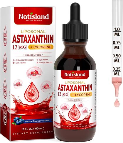 Liposomal Astaxanthin 12mg Supplements, Organic Astaxanthin Liquid with MCT Oil, Lycopene, Zeaxanthin & Ergothioneine, Antioxidant for Skin & Eye Health, Blueberry Flavor, 2 FL OZ in Saudi Arabia