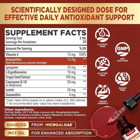 Liposomal Astaxanthin 12mg Supplements, Organic Astaxanthin Liquid with MCT Oil, Lycopene, Zeaxanthin & Ergothioneine, Antioxidant for Skin & Eye Health, Blueberry Flavor, 2 FL OZ in Saudi Arabia
