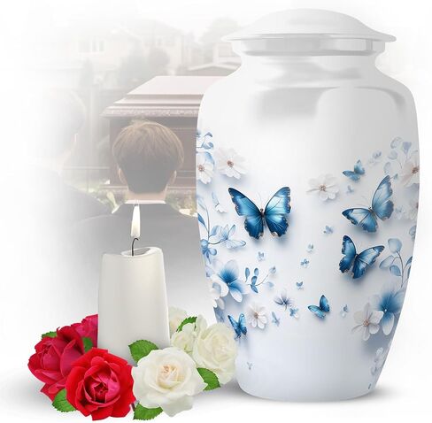 Yatskia Blue Butterfly Urns for Human Ashes Adult Man and Women, Funeral Urn for Ashes Adult Male and Female, White Urns for Human Ash, Tribute Urn for Adults, (10" Large, Upto 200 Cubic Inches) in Saudi Arabia