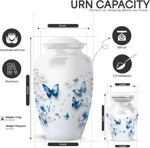 Yatskia Blue Butterfly Urns for Human Ashes Adult Man and Women, Funeral Urn for Ashes Adult Male and Female, White Urns for Human Ash, Tribute Urn for Adults, (10" Large, Upto 200 Cubic Inches) in Saudi Arabia