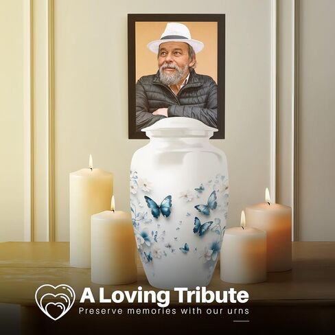 Yatskia Blue Butterfly Urns for Human Ashes Adult Man and Women, Funeral Urn for Ashes Adult Male and Female, White Urns for Human Ash, Tribute Urn for Adults, (10" Large, Upto 200 Cubic Inches) in Saudi Arabia