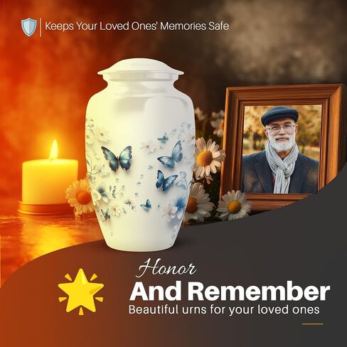 Yatskia Blue Butterfly Urns for Human Ashes Adult Man and Women, Funeral Urn for Ashes Adult Male and Female, White Urns for Human Ash, Tribute Urn for Adults, (10" Large, Upto 200 Cubic Inches) in Saudi Arabia