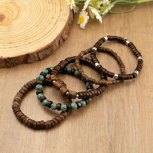 5pcs Bohemia Stretch Bracelet Set, Wooden Beaded Bracelets for Men Women Punk Bracelet Wood Bangles Wristbands Meaningful Jewelry Set Gift in Saudi Arabia