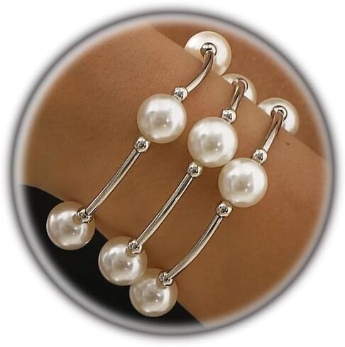 Layered Silver Plated Pearl Beaded Bracelets for Women,Stackable Dainty White Pearl Elastic Bracelets Bohemian Party Banquet Jewelry Accessories Gifts in Kuwait