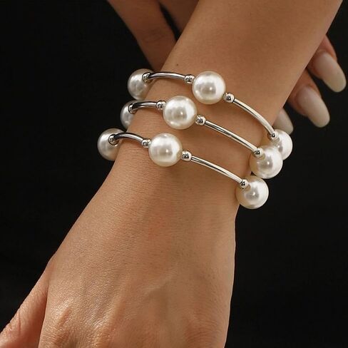 Layered Silver Plated Pearl Beaded Bracelets for Women,Stackable Dainty White Pearl Elastic Bracelets Bohemian Party Banquet Jewelry Accessories Gifts in Kuwait