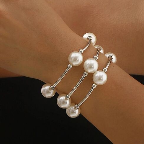 Layered Silver Plated Pearl Beaded Bracelets for Women,Stackable Dainty White Pearl Elastic Bracelets Bohemian Party Banquet Jewelry Accessories Gifts in Kuwait