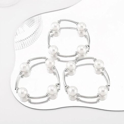 Layered Silver Plated Pearl Beaded Bracelets for Women,Stackable Dainty White Pearl Elastic Bracelets Bohemian Party Banquet Jewelry Accessories Gifts in Kuwait
