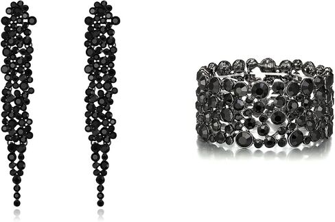 EVER FAITH Rhinestone Crystal Art Deco Costume Long Chandelier Dangle Statement Earrings Stretch Bracelet for Women Black Black-Tone in Kuwait