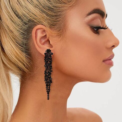 EVER FAITH Rhinestone Crystal Art Deco Costume Long Chandelier Dangle Statement Earrings Stretch Bracelet for Women Black Black-Tone in Kuwait