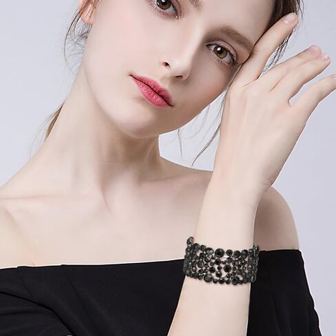 EVER FAITH Rhinestone Crystal Art Deco Costume Long Chandelier Dangle Statement Earrings Stretch Bracelet for Women Black Black-Tone in Kuwait