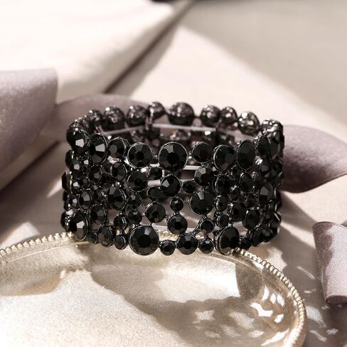 EVER FAITH Rhinestone Crystal Art Deco Costume Long Chandelier Dangle Statement Earrings Stretch Bracelet for Women Black Black-Tone in Kuwait