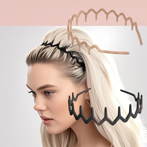 مجموعة من عصابات رأس متعرجة، عصابة شعر مموجة مع أسنان، عصابات رأس للنساء، إكسسوار طوق شعر للنساء (بني وبيج) in Saudi Arabia