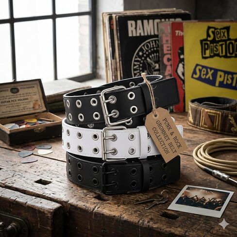 3 Pcs Double Grommet Belt Y2K Belt EMO Goth Punk Rock Belts, PU Leather Belts for Women Men Jeans 2 Hole Belts in Saudi Arabia