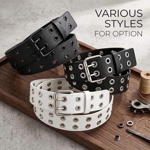 3 Pcs Double Grommet Belt Y2K Belt EMO Goth Punk Rock Belts, PU Leather Belts for Women Men Jeans 2 Hole Belts in Saudi Arabia
