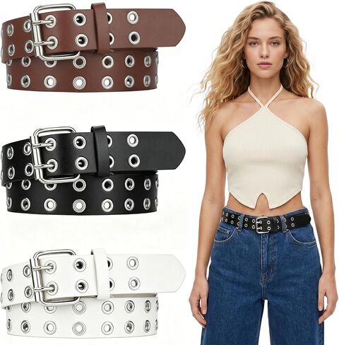 3 Pcs Double Grommet Belt Y2K Belt EMO Goth Punk Rock Belts, PU Leather Belts for Women Men Jeans 2 Hole Belts in Kuwait