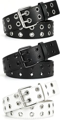 3 Pcs Double Grommet Belt Y2K Belt EMO Goth Punk Rock Belts, PU Leather Belts for Women Men Jeans 2 Hole Belts in Saudi Arabia