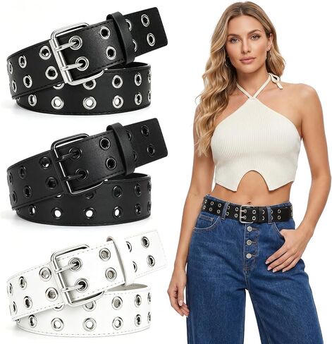 3 Pcs Double Grommet Belt Y2K Belt EMO Goth Punk Rock Belts, PU Leather Belts for Women Men Jeans 2 Hole Belts in Saudi Arabia