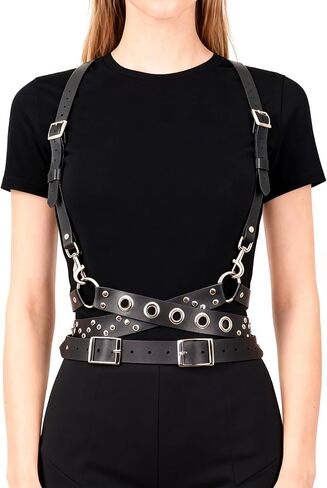 Goth Punk Faux Leather Harness Belt for Women, Adjustable Double-Waist Strap Body Belt with Alloy Hardware, Festival Cosplay Accessory(Fit Waist 31.5-33.5in) in Saudi Arabia