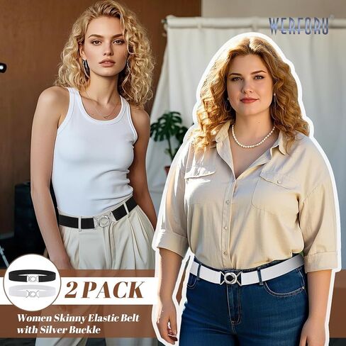 WERFORU 2 Pack Women Skinny Elastic Waist Belt Stretchy Thin Belt for Dress Jeans in Kuwait