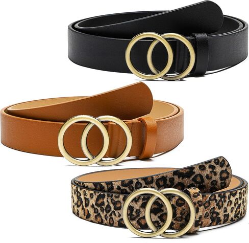 3 Pack Women Leather Belts - for Jeans Dress Pants Fashion Faux Leather Waist Belts with Double Ring Buckle (Black, Brown, Leopard) in Saudi Arabia
