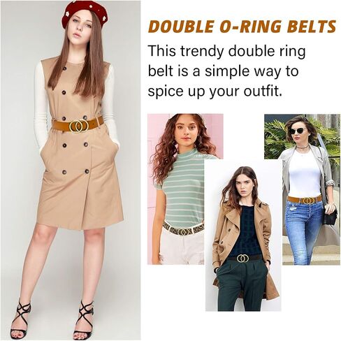 3 Pack Women Leather Belts - for Jeans Dress Pants Fashion Faux Leather Waist Belts with Double Ring Buckle (Black, Brown, Leopard) in Saudi Arabia