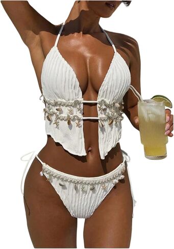 Floerns Women's Boho Beaded Bikini Sets Seashell Triangle Halter Tie Side Two Piece Tankini Swimsuits for Women in Kuwait